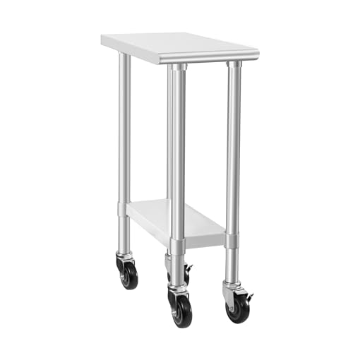 Image of HARDURA Stainless Steel Commercial Table Prep & Work Table with Casters Heavy Duty Metal Table with Wheels NSF 430 24x12 Inches