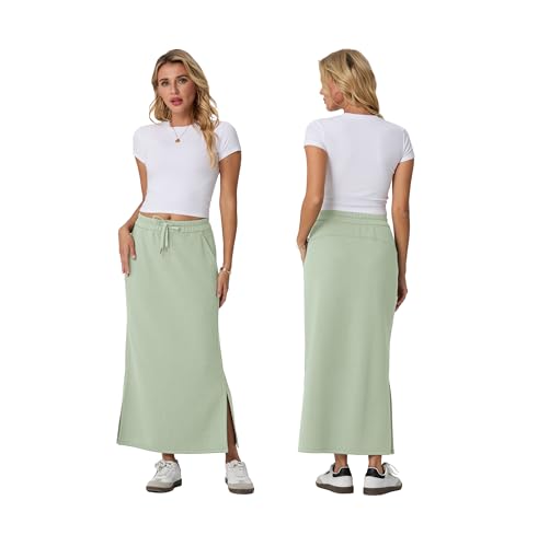 Image of Lepunuo Women's High Waisted Sweat Maxi Skirt with Pockets Slit | Ultra Soft Sweat Fabric, High Waist Drawstring, Deep Phone Pockets, Side Slit for Movement, Ideal for Lounge Travel