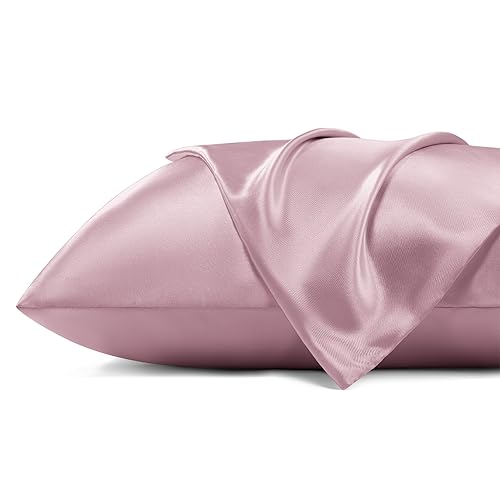 Image of Bedsure Satin Pillowcase for Hair - Pink Satin Pillow Cases Standard Size with Zipper 2 Pack, Similar to Silk Pillow Cases for Skin, Silky & Soft Pillow Cover, Gifts for Her or Him, 20x26 Inches