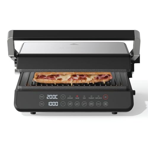 Nutricook 2000W Ceramic Contact Grill with 180 Flat Open Design Adjustable 5-Position Height 5 Smart Cooking Modes Ribbed Grill Plates PFOA-Free Nonstick Steak Chicken Fish Sandwich Grill Press