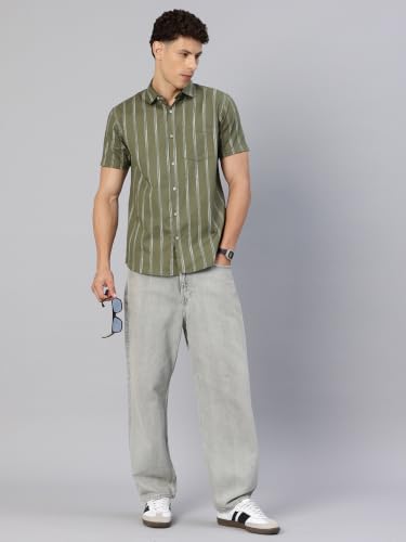 Image of Majestic Man Men's Pure Cotton Striped Half Sleeve Slim Fit Casual Shirt for Men