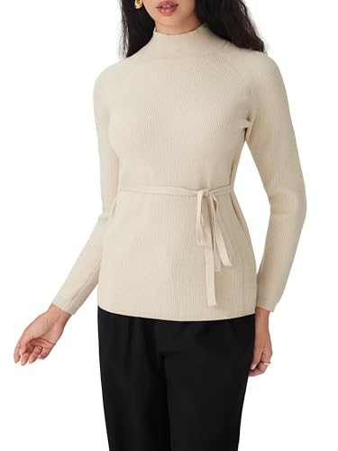 CIDER Women's Mock Neck Sweater with Tie Waist Elegant Long Sleeve Casual Knit Top4