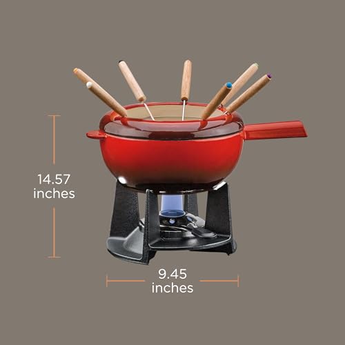 Foto von Spring Gusseisen Fondue Set rot | Ø 20 cm | mit 8 Fonduegabeln und Spritzschutz | für Käsefondue, Fleischfondue | Rechaud Brenner