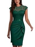 MIUSOL Women's Vintage Lace Cap Sleeve Cocktail Party Formal Wedding Guest Work Bodycon Dress (Large, Dark Green)