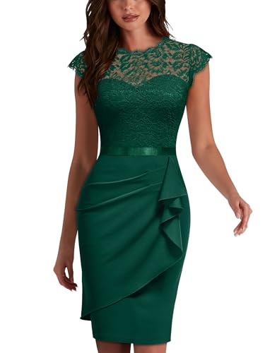 MIUSOL Women's Vintage Lace Cap Sleeve Cocktail Party Formal Wedding Guest Work Bodycon Dress (Medium, Dark Green)