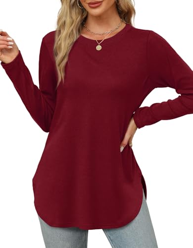 Image of XIEERDUO Womens Long Sleeve Round Neck Shirts Side Split Basic Loose Tunic Tops Casual 2026