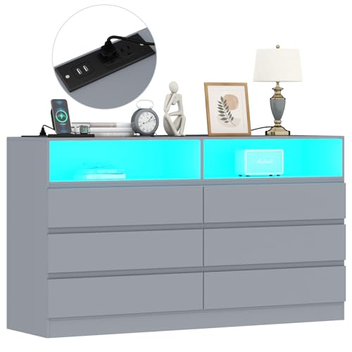 Gyfimoie 6 Drawers Dresser with Power Outlet, Accent Chests of Drawers with LED Light, Modern Storage Dresser for Bedroom, Living Room