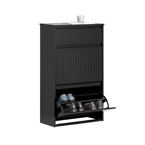 SoBuy Zapatero Estrecho Entrada Recibidor - Mueble Zapatero con 2 Solapas y Cajón Organizador - Ideal para Pasillo Estrecho - Negro, MDF Resistente, 61x26x100 cm - FSR165-SCH