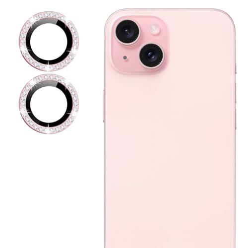 Image of Back Camera Lens Ring Guard Protector for Apple iPhone 15 Plus | Diamond Camera Ring Aluminium Alloy Edge (Pink)