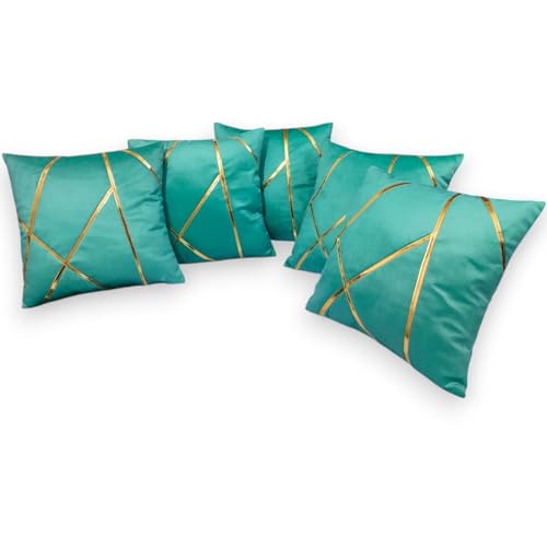 Image of Zikrak Besur Gold Stripe On Velvet|Pack of 5 Cushion Cover|for Home Decoration|Living Room Decor|Hotel Premeuim Qulaity Cushion Cover|Exclusive ON Amazon (Aqua, 18 X 18 INCH(45 X 45 CM))