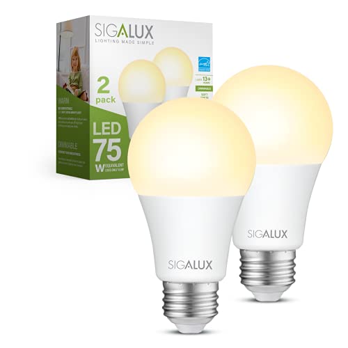 Sigalux A19 LED Light Bulb Energy Star Certified, 75 Watt Equivalent Dimmable LED Bulb, 11.5W 1100LM Soft White 2700K, E26 Standard Light Bulbs, UL Listed, 2 Pack Sigalux A19 LED Light Bulb Energy Star Certified, 75 Watt Equivalent Dimmable LED Bulb, 11.5W 1100LM Soft White 2700K, E26 Standard Light Bulbs, UL Listed, 2 Pack