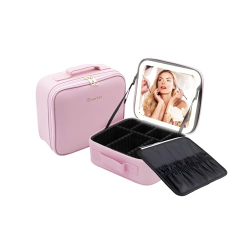 Morina Bolsa de Maquiagem com Espelho e luz LED de 3 cores, Organizador de Maquillaje, Dimmable Contínuo, Carregamento USB (Rosa)