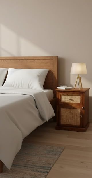 Sheesham Wood Bedside Table with Rattan Drawers Mid Century Night Stand for Living Room, Bedroom-image-28