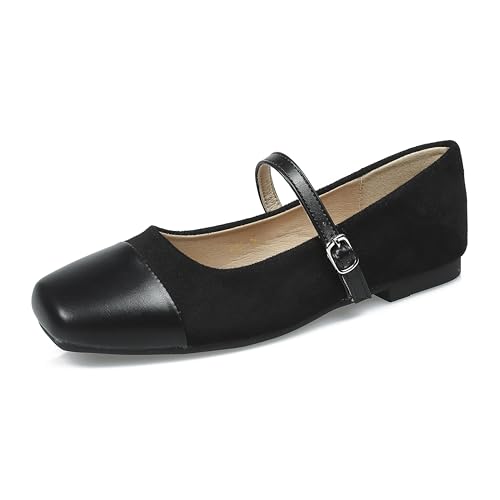 UZUJBAA Women's Suede Mary Jane Flats Buckle Square Cap Toe Ballet Flats Classy Dressy Comfortable Slip on Flats Soft Work Casual Flat Shoes