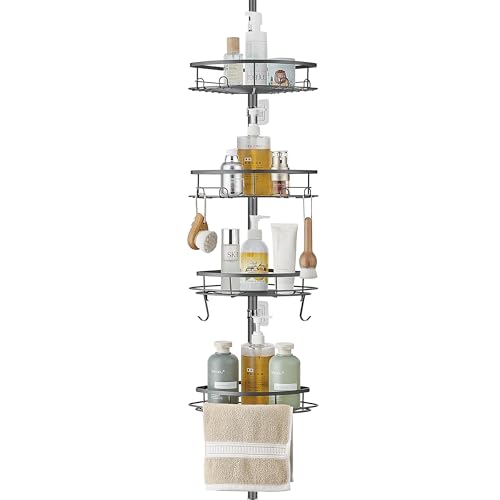 DUFU Adjustable Bathroom Corner Shelves, Telescopic Extendable Shower Caddy Corner with 4 Bathroom Baskets, 10 Hooks, 2 Towel Rail, No Drilling Storage Shower Shelf, 93-322 cm Floor to Ceiling, Grey