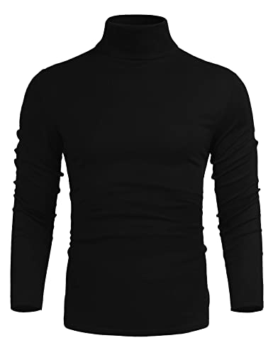 Cegerne Camiseta de Hombre Cuello Alto Elástica y Ajustada de Manga Larga Suéter Térmico Básico Slim Fit Color Sólido, Negro, S