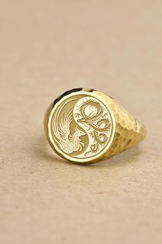 Bague Phénix et Dragon chevalière ronde argent sterling 925 plaqué or WDRG_0183
