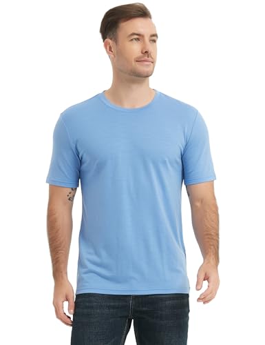 Manote 100% Merino Wool T Shirts for Men, Short Sleeve Lightweight Crew Undershirt, No-Odor Base Layer for Hiking Travel (US, Alpha, Large, Regular, Regular, Light Blue)