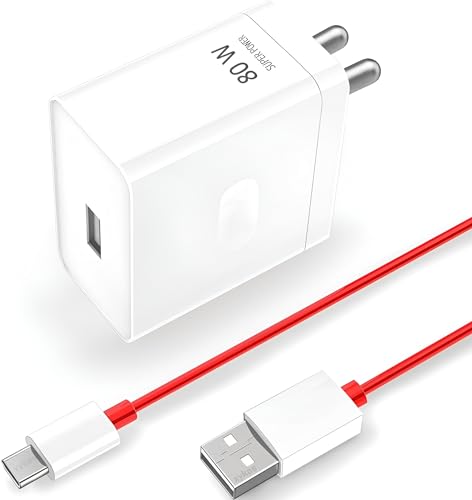Image of 80W Supervooc USB Type C Charger for Oneplus 12 /12R /11 /11R | 10 Pro /10T /10R /10 /9 Pro /9RT /9 /8 | Nord Ce 4 /Ce 3 /Ce2 /Ce 2 Lite /Ce 3 Lite /Nord 4 /3 /2 /2T, 80 w Fast Charging Adapter with USB C Cable, White