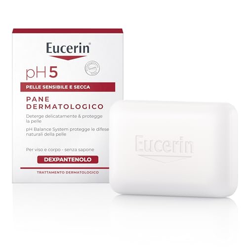 Eucerin pH5 Pane Dermatologico 100 g, Bagnoschiuma solido con Dexpantenolo e senza sapone alcalinico, Sapone mani, viso e corpo per la detersione quotidiana della pelle sensibile e secca