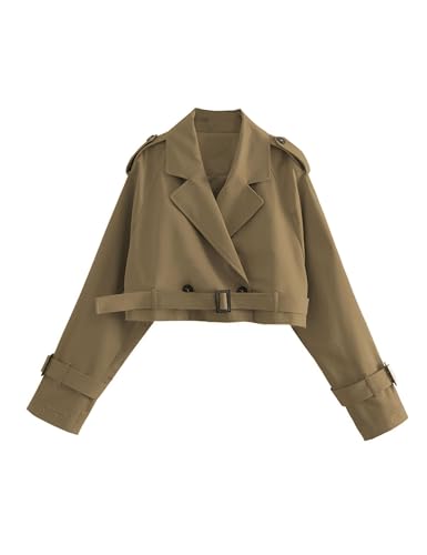 Image of Xiaoxuemeng Womens Cropped Bike Jacket Casual Double Breasted Trench Coat with Belt (DarkKhaki-XL)