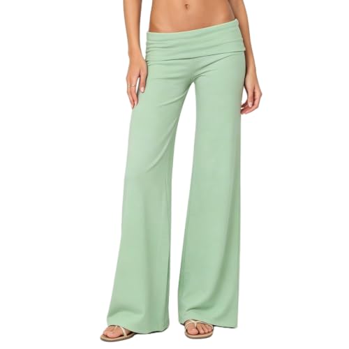 Image of Lounge Yoga Pants for Women Fold Over Low Waist Wide Leg Bell Bottoms | Y2K Foldover Pants, Flare Leggings, Low Rise Yoga Sweatpants