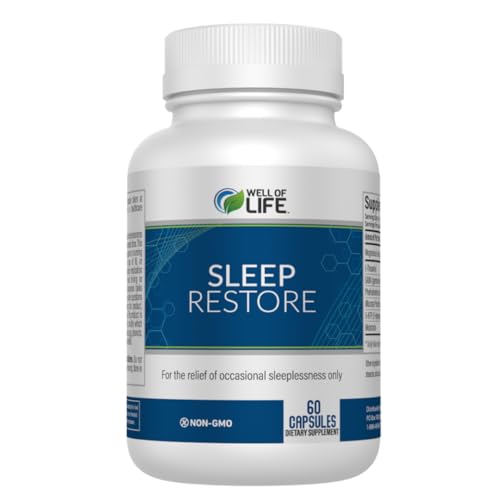 Well of Life Sleep Restore Supplement with Melatonin & Magnesium Tranquil Sleep Support with L-Theanine GABA 5-HTP | Supports Relaxation & Calm Night Routine | 60 Vegan Capsules