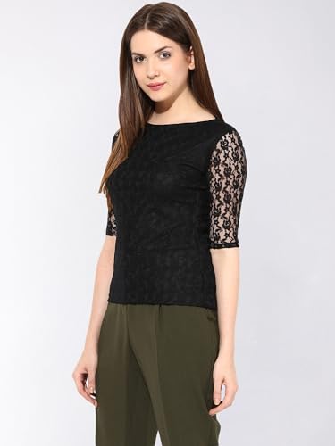 Image of Miss Chase Women's Round Neck Half Sleeves Cotton Lace and Pearl Detailing