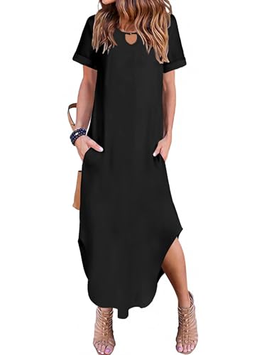 Image of Zeagoo Womens Maxi Summer Dress with Pockets Casual Short Sleeve Sundress Trendy 2026 Curve Hem Long Dress