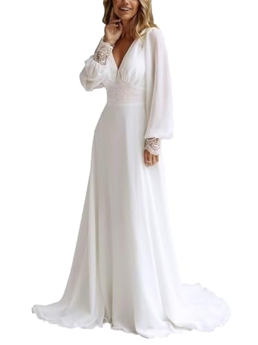 TIANMEI Wedding Dresses for Bride Long Sleeves Chiffon Beach Wedding Dresses for Women Bride