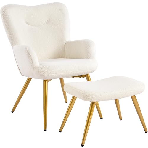 Yaheetech Small Armchair and Ottoman Set, Boucle Tub Chair with Footstool, Sherpa Lounge Chair with Golden Metal Legs for Living Room/Bedroom/Reading Room, Ivory