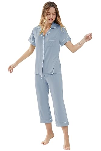 Joyaria Women Capri Pajamas Set Bamboo Viscose Pjs Short Sleeve Button Down Sleepwear4