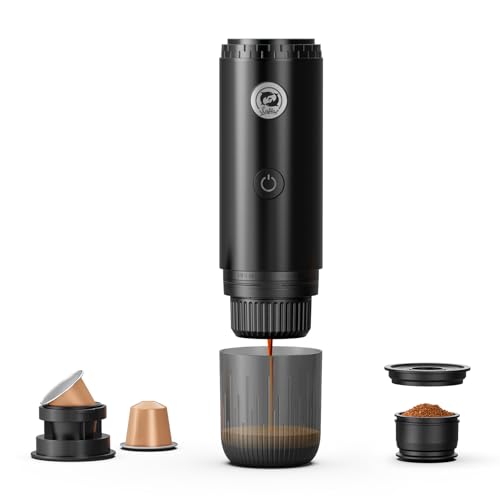 Cafetera espresso portátil con autocalentamiento, cafetera eléctrica de viaje de 19 bares para campamento y coche, mini máquina de espresso 2 en 1 compatible con cápsulas Nespresso y café molido