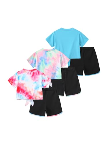 Image of Girls 6 Piece Outfits Letter Print Vacation Tee Top and Dolphin Shorts Tracksuit Sets for Kids Sports, Casual, Dance