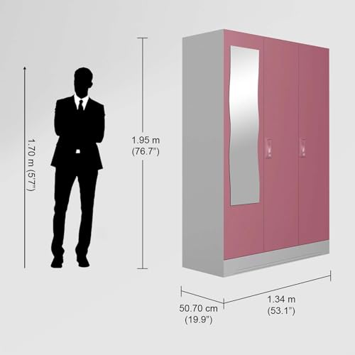 Image of Interio by Godrej Almirah Slimline 3-Door Steel Almirah, Cupboard for Clothes (Royal Ivory and Dusty Rose), 1-Year Warranty, 7 Shelves, 1 Locker, Curvilinear Mirror