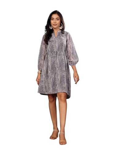 Image of Varanga Women Tie and Dye Printed Short Dress with Three-Quarter Puff Sleeves - A Stylish and Comfortable Casual Outfit