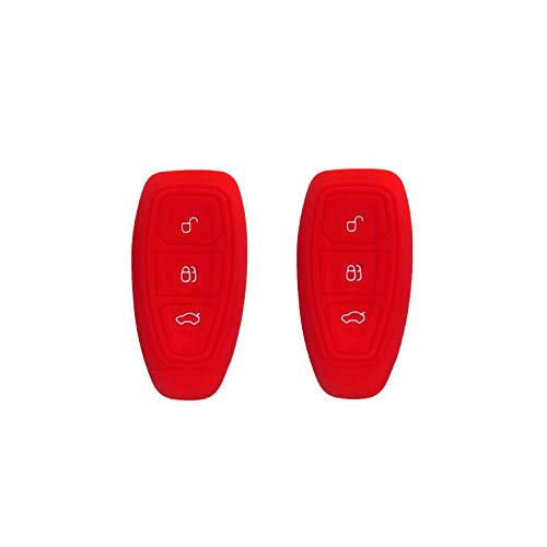BAR Autotech Silicone Rubber Shell Case Keyless Entry Car Remote Key Fob Cover fit for Ford Focus 3 Escape Fiesta ST Titanium Mondeo Ecosport Kuga MK3 3 Buttons (1 Pair) (Red)