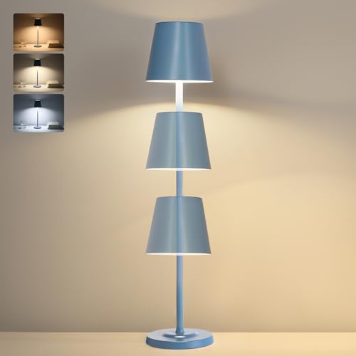 GOODEA 3-in-1 LED Tischlampe Kabellos mit 5500mAh Akku, 3 Höhen Verstellbar, Dimmbar, 3 Farbten - USB Akku Tischleuchte Metall Wasserdicht Touch Lampe für Indoor Outdoor, Blau [1er Set]