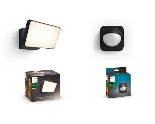 Philips Hue Outdoor Bundle – Kabelloser Bewegungssensor (IP54) + Welcome Flutlicht 15 W (2300 lm) – Smarte Gartenbeleuchtung