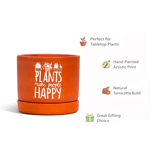 Image of Urban Plant Plants Make People Happy Terracotta Pot with Saucer (5 Inch) | Printed Clay Planter with Drainage Hole | Decorative Indoor Plant Pot for Tabletop, Desk & Home Decor