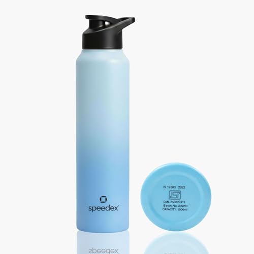 Image of Speedex Stainless Steel Water Bottle 1 Ltr, Leak Proof Sipper Cap, BIS Approved 1000 ml Metal Bottle For Daily, Office, School, Gym, Travel Use for Men, Women, Kids, Adults, Dual Blue, Set of 1