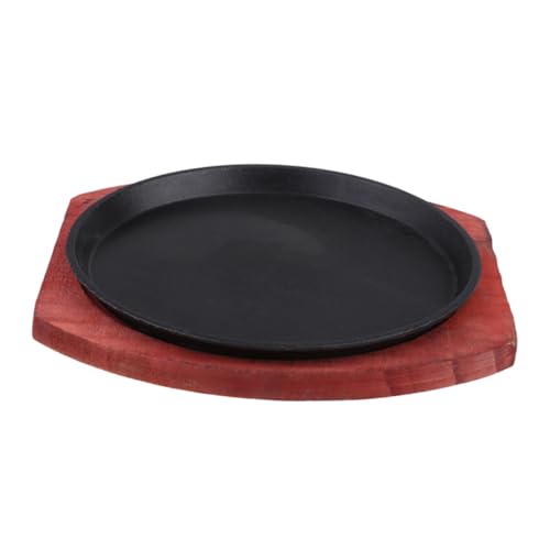 Mipcase Sartén de Hierro Redonda con Base de Madera Sartén Antiadherente para Asar y Servir Filetes Bandeja para Barbacoa Compatible con Cocina de Inducción