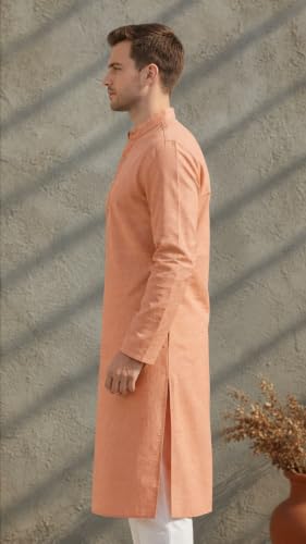 Image of Men's Linen Kurta Full Sleeve Mandarin Collar Relaxed Fit Wedding Festive