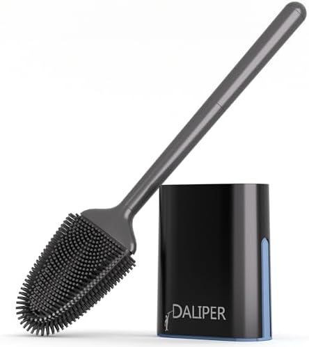 DALIPER Black Silicone Toilet Bowl Brush & No-Drip Holder Set - Quick-Dry Wall or Floor Mount, Flexible Bristle Scrubber for Hygienic Cleaning - Toilet Cleaner Brush Kit