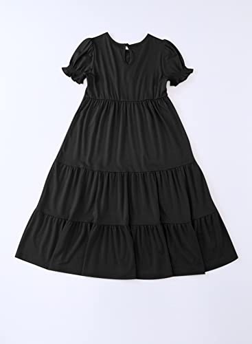 Blibean Girl Elegant Boho Clothes Daily Solid Crew Neck Elastic Pleated Waist Maxi Long Dress Outfits For Kids Size 12-13 Years Xx-Large Black #TOP3