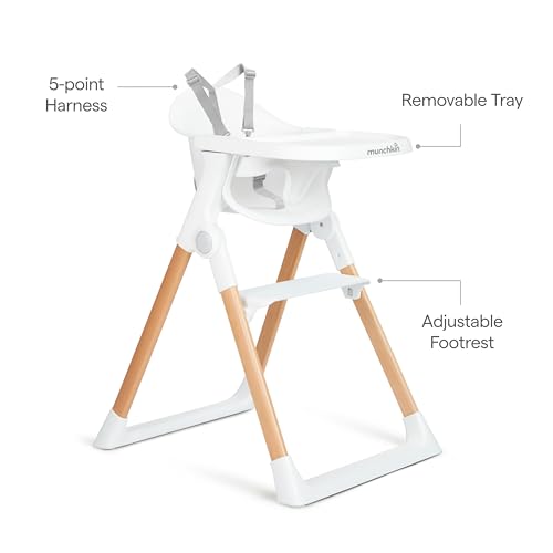 munchkin float baby high chair foldable and easy to clean for babies and toddlers white with wooden legs