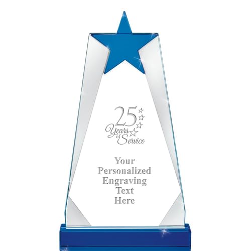 Crown Awards Personalized Crystal Trophy, 9" Engraved 25 Years of Service Sapphire Paramount Crystal Award Prime