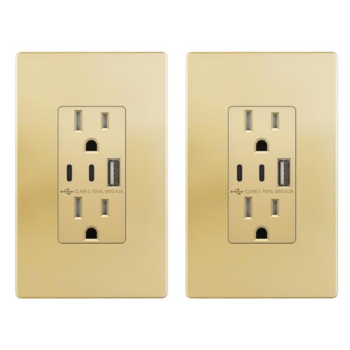 Image of TOPGREENER 4.2A 3-Port Type C USB Outlet, 15 Amp Receptacle Plug, Charging Power Outlet with Dual Type C&A Ports, Screwless Wall Plate Included, UL Listed, Residential Grade, Gold, 2 Pack