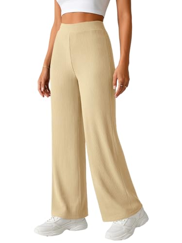 Image of Pinkmint Women High Waist Ribbed Wide Leg Trousers | Stretchable Palazzo Pants | Gym Yoga Workout Sports Activewear | Casual Lounge Travel Office Elastic Waist Flared Pants