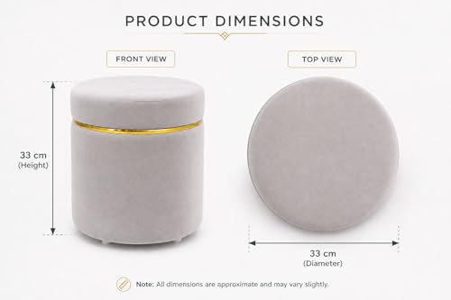 Image of Dence Store Modern Velvet Puffy Ottoman Stool for Living Room | Round Footrest Pouffe with Gold Accent Band | Soft Cushioned Seat for Dressing Table, Bedroom & Home Decor (Set of 2 Silver Grey)